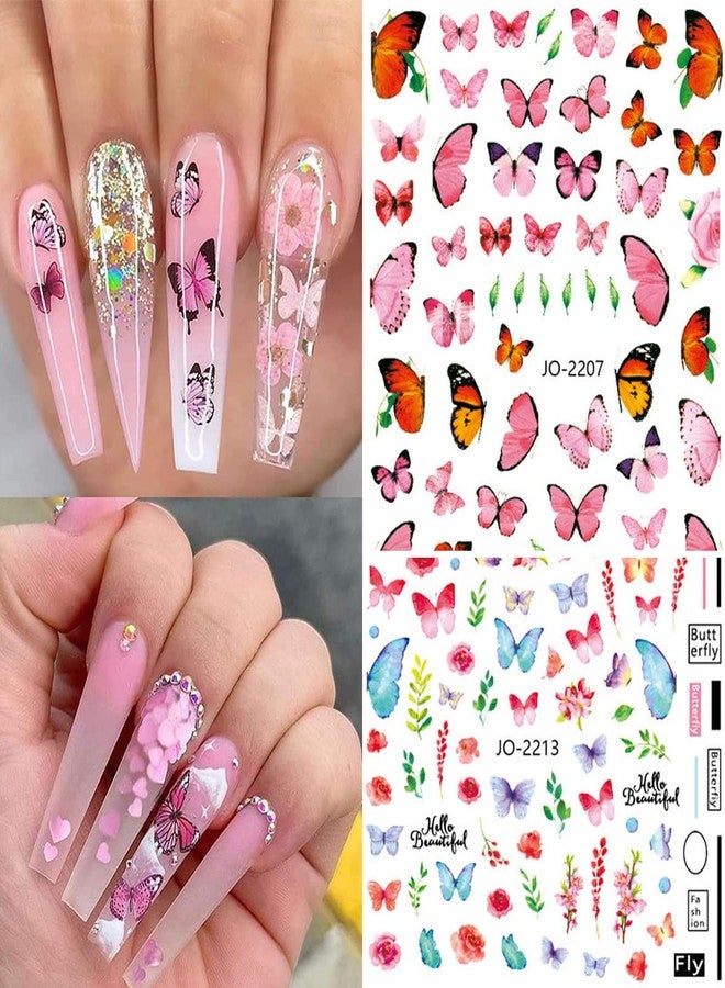 YKZFUI 8 Sheets Butterfly Nail Stickers - 3D Self-Adhesive Pink & Blue Colorful Butterfly Wings Designer Stickers for Women & Girls DIY Nail Art Decoration - Image 3