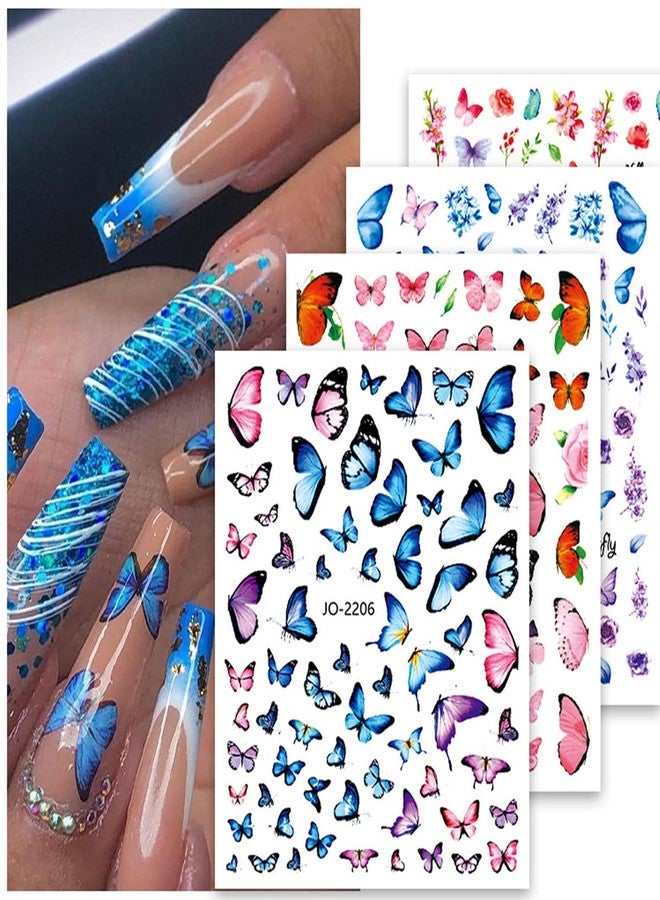 YKZFUI 8 Sheets Butterfly Nail Stickers - 3D Self-Adhesive Pink & Blue Colorful Butterfly Wings Designer Stickers for Women & Girls DIY Nail Art Decoration - Image 2