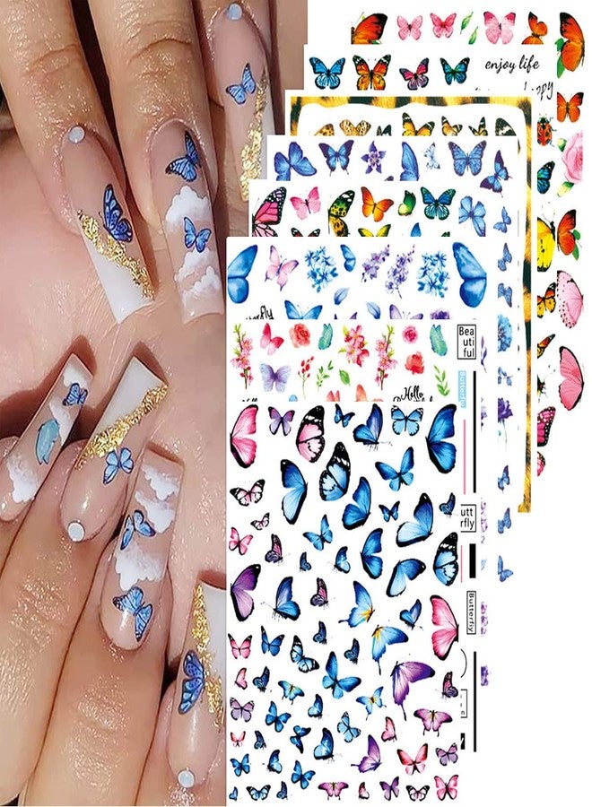 YKZFUI 8 Sheets Butterfly Nail Stickers - 3D Self-Adhesive Pink & Blue Colorful Butterfly Wings Designer Stickers for Women & Girls DIY Nail Art Decoration - Image 1