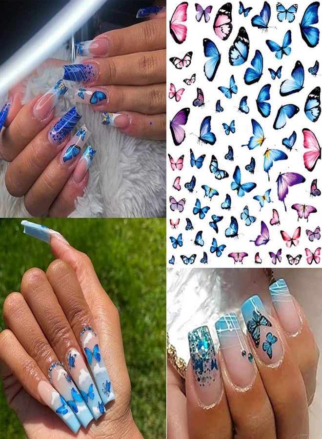 YKZFUI 8 Sheets Butterfly Nail Stickers - 3D Self-Adhesive Pink & Blue Colorful Butterfly Wings Designer Stickers for Women & Girls DIY Nail Art Decoration - Image 5