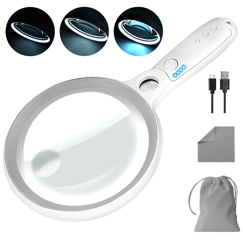 GABORISH Large Magnifying Glass With 37 Led Light  10X 20X 45X Handheld Illuminated Lighted Magnifier With 3 Light Modes Rechargeable Magnifying Glass For Seniors Reading  Inspection (Grey & White) - Image 1