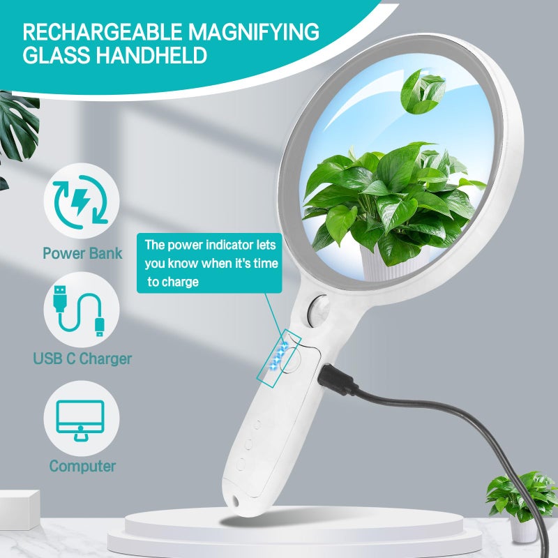 GABORISH Large Magnifying Glass With 37 Led Light  10X 20X 45X Handheld Illuminated Lighted Magnifier With 3 Light Modes Rechargeable Magnifying Glass For Seniors Reading  Inspection (Grey & White) - Image 4