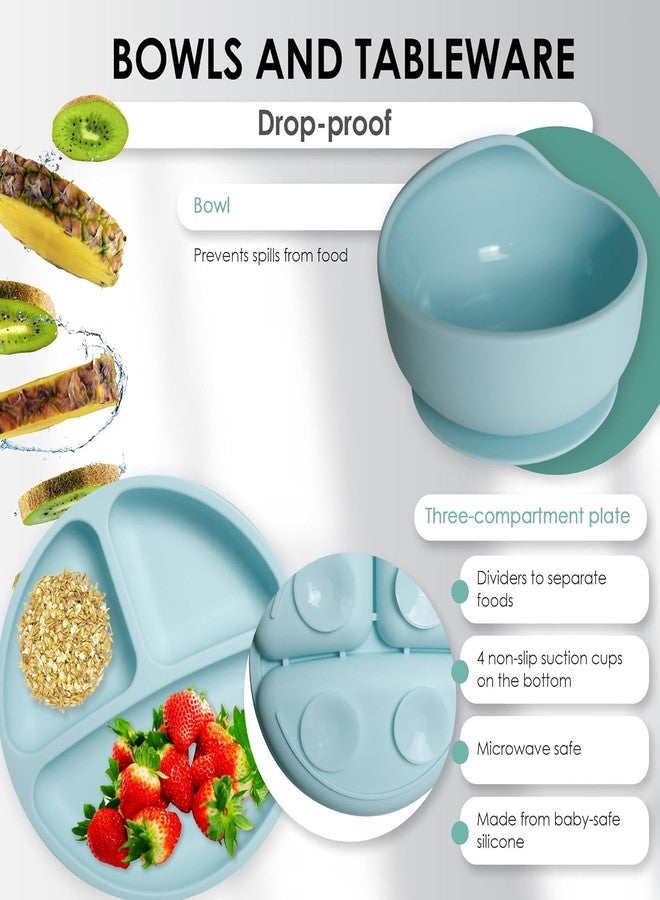 QLECT BPA Free Silicone Baby Feeding Set,Baby Led Weaning Supplies,Eating Essentials Utensils with Suction Plate & Bowl,Pocket Bib,Sippy Cup with Lid,Forks Spoons for Baby&Toddler 6+ Months,Blue - Image 3