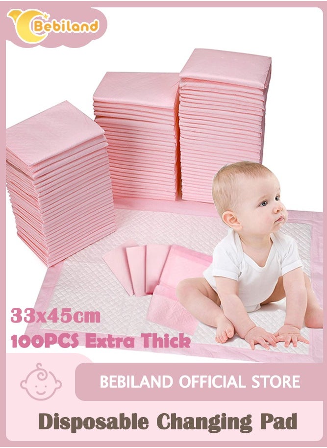 Bebiland 100 Pack Disposable Changing Pad Liners, 33x45cm Thicken and High Absorb Incontinence Changing Pad with Breathable, Waterproof, Soft Non-Woven Fabric, Baby Incontinence Changing Pads (Pink, Extra Thick)  - Image 1