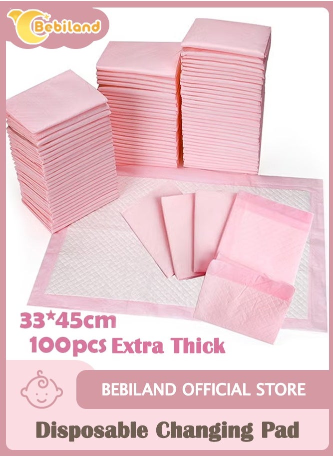 Bebiland 100 Pack Disposable Changing Pad Liners, 33x45cm Thicken and High Absorb Incontinence Changing Pad with Breathable, Waterproof, Soft Non-Woven Fabric, Baby Incontinence Changing Pads (Pink, Extra Thick)  - Image 1