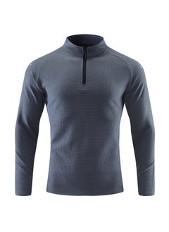 Generic Mens Long Sleeve T-Shirt Half Zip-Up Autumn Winter Breathable Elastic Outdoor Sports Casual Top With Fleece Lining Gray and blue 