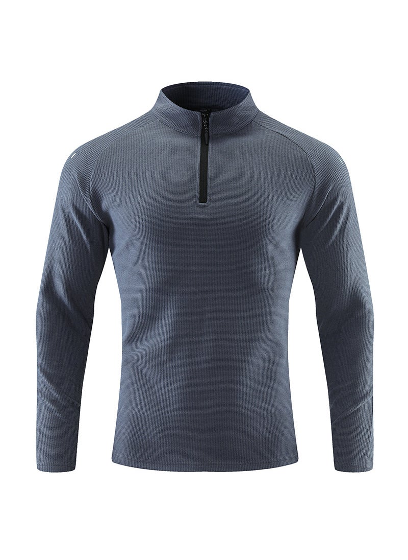Generic - Mens Long Sleeve T-Shirt Half Zip-Up Autumn Winter Breathable Elastic Outdoor Sports Casual Top With Fleece Lining Gray and blue - Image 1
