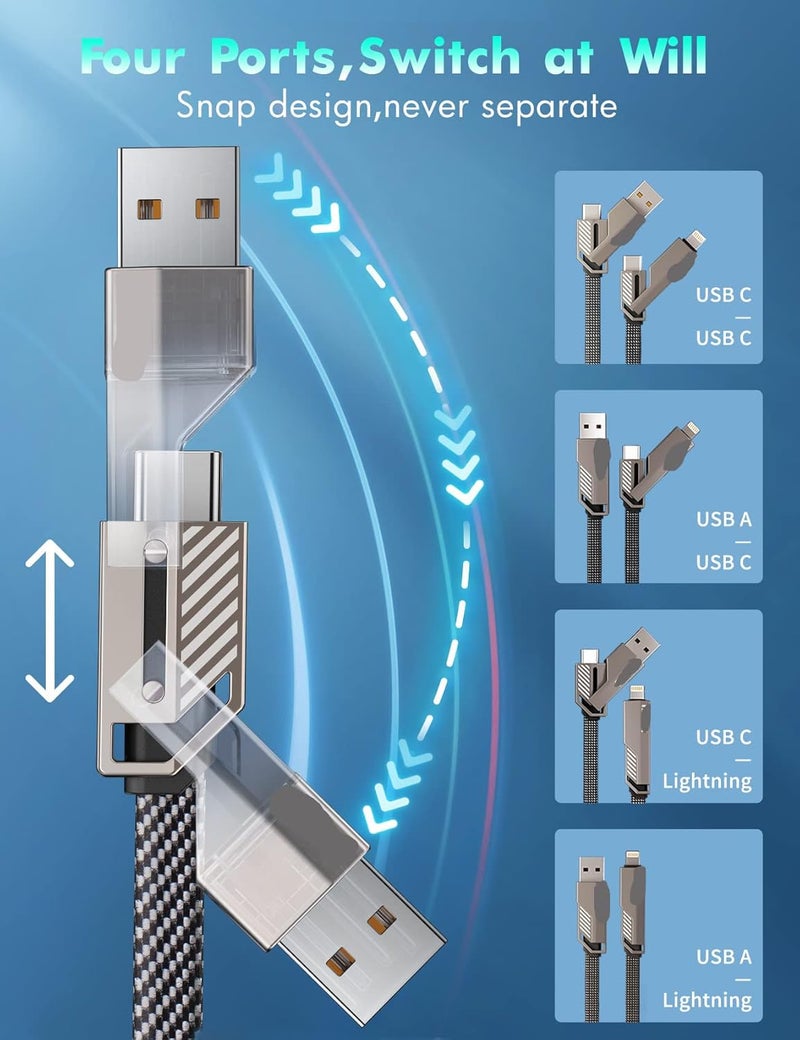 ميكينج تك كابل USB-C رباعي الوظائف سريع الشحن، شحن سريع بقدرة 60 واط ومزامنة البيانات، مضفر مسطح مقاوم للتشابك، مناسب لشاحن آيفون مع شريط فيلكرو، مجموعة كابلات شحن متعددة بمنافذ سريعة/Type C/USB A، طول 5 أقدام - Image 2