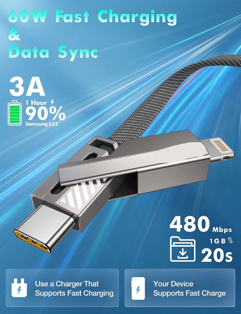 ميكينج تك كابل USB-C رباعي الوظائف سريع الشحن، شحن سريع بقدرة 60 واط ومزامنة البيانات، مضفر مسطح مقاوم للتشابك، مناسب لشاحن آيفون مع شريط فيلكرو، مجموعة كابلات شحن متعددة بمنافذ سريعة/Type C/USB A، طول 5 أقدام - Image 4