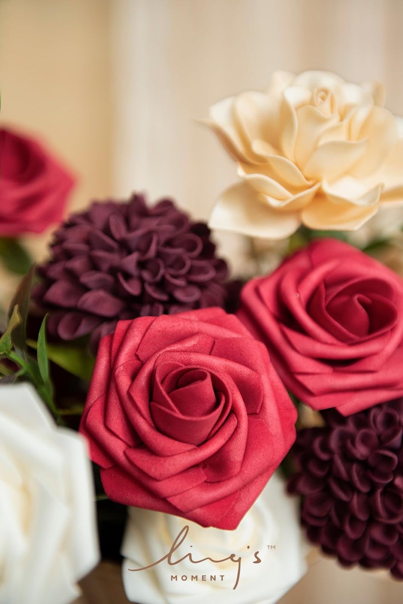 Ling's moment Ling's Moment Artificial Flowers Fake Silk Roses Faux Dahlia Foam Gardenia Combo for DIY Wedding Bouquets Centerpieces Arrangements Bridal Shower Party Home Decorations  Bordeaux Red  24pcs  - Image 3