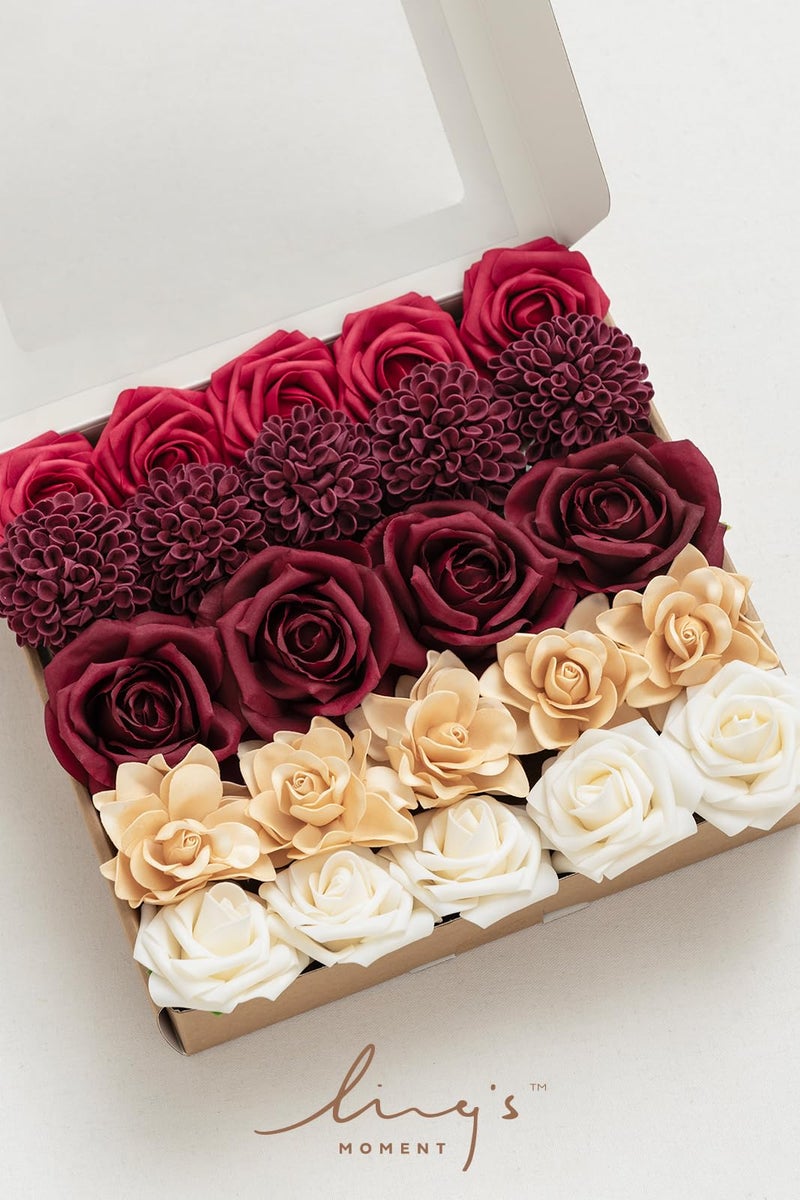 Ling's moment Ling's Moment Artificial Flowers Fake Silk Roses Faux Dahlia Foam Gardenia Combo for DIY Wedding Bouquets Centerpieces Arrangements Bridal Shower Party Home Decorations  Bordeaux Red  24pcs  - Image 4