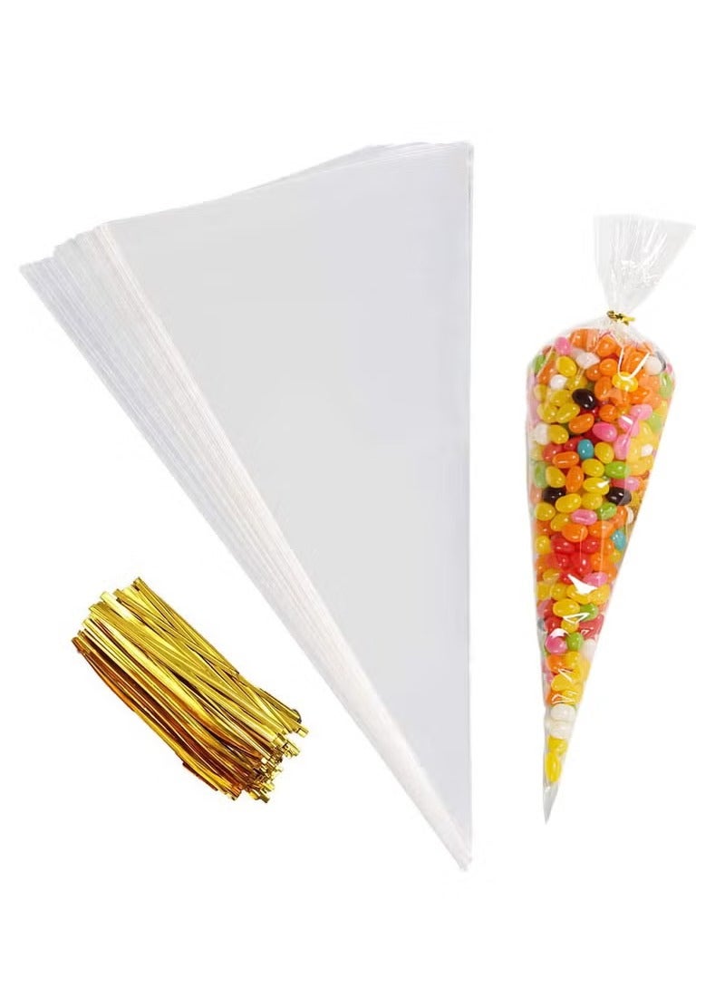 إسكدنيا 100 قطعة من أكياس السيلوفان المخروطية الشفافة، أكياس هدايا DIY مع أربطة ملتوية ذهبية، أكياس مثلثة للحلوى والبسكويت والوجبات الخفيفة - Image 1
