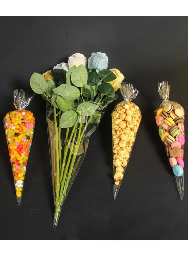 إسكدنيا 100 قطعة من أكياس السيلوفان المخروطية الشفافة، أكياس هدايا DIY مع أربطة ملتوية ذهبية، أكياس مثلثة للحلوى والبسكويت والوجبات الخفيفة - Image 4