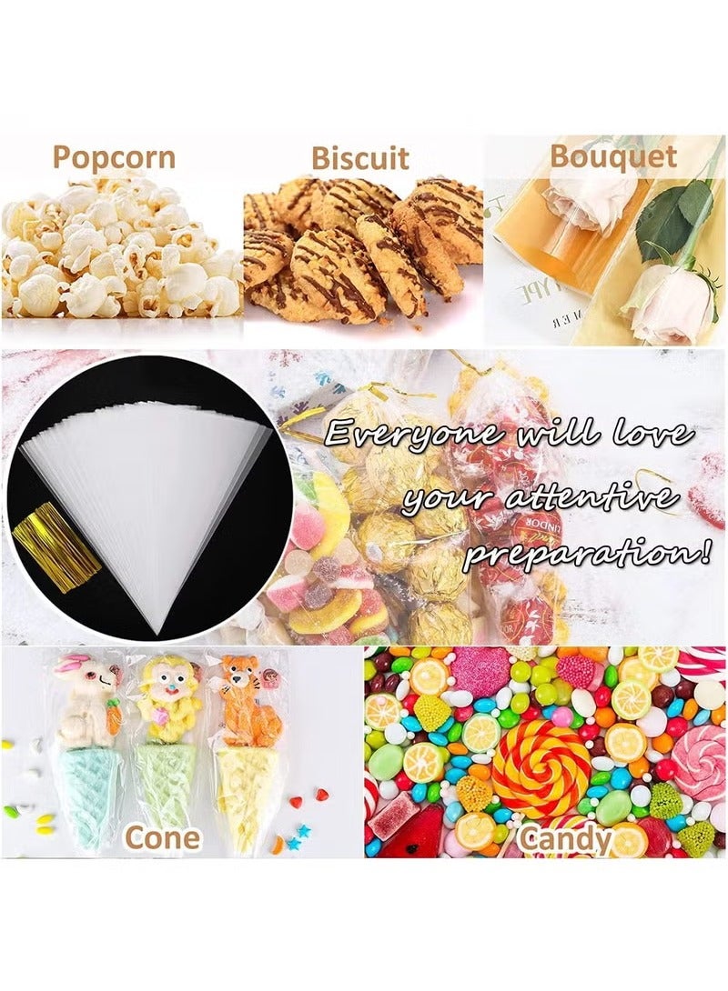 إسكدنيا 100 قطعة من أكياس السيلوفان المخروطية الشفافة، أكياس هدايا DIY مع أربطة ملتوية ذهبية، أكياس مثلثة للحلوى والبسكويت والوجبات الخفيفة - Image 3