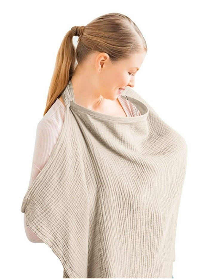 Muslin Nursing Cover for Baby Breastfeeding Breathable 100% Cotton Breastfeeding Cover with Rigid Hoop for Mother Nursing Apron Multi-use Carseat Canopy Khaki - Image 1