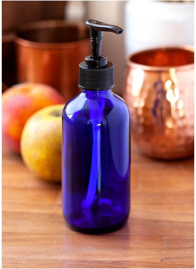 JUVITUS 8 Oz Cobalt Blue Boston Round Thick Plated Glass Bottles With Black Lotion Pump (4 Pack)  - Image 3