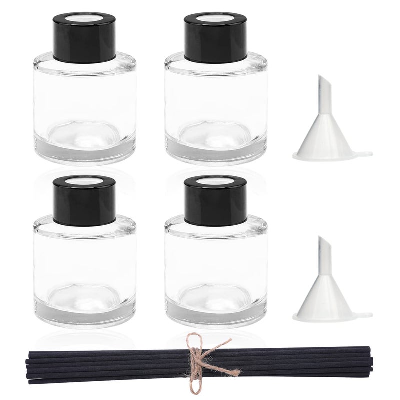 4PCS Refillable Fragrance Glass Diffuser Bottles with 20pcs Reeds Sticks Black Caps Funnel Diffuser Jars for Home Oil Fragrance Decoration Girl Women Gift 50ML