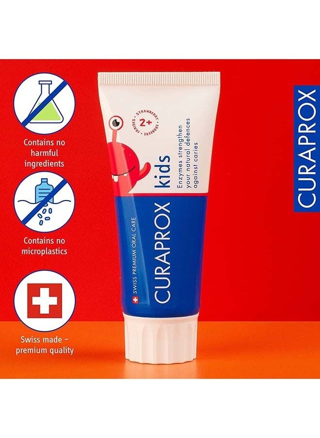 CURAPROX - معجون أسنان كيورابروكس للأطفال بنكهة الفراولة، 60 مل - معجون أسنان بنكهة الفراولة للأطفال من عمر سنتين فما فوق مع 950 جزء في المليون من الفلورايد - خالٍ من كبريتات لوريل الصوديوم والبلاستيك الدقيق والتريكلوسان للأطفال. - Image 1