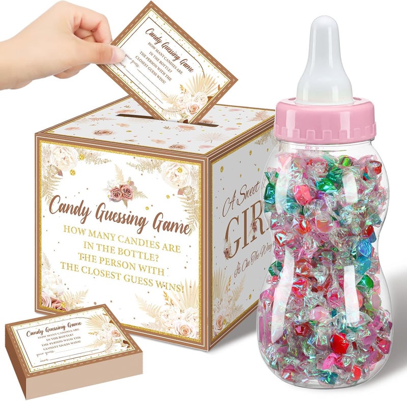 Glenmal 52 Pcs Baby Shower Games Gift Sets Large Baby Bottle for Shower Game Guess How Many Candies Decorations for Gender Reveal(Boho Pampas Grass) - Image 1