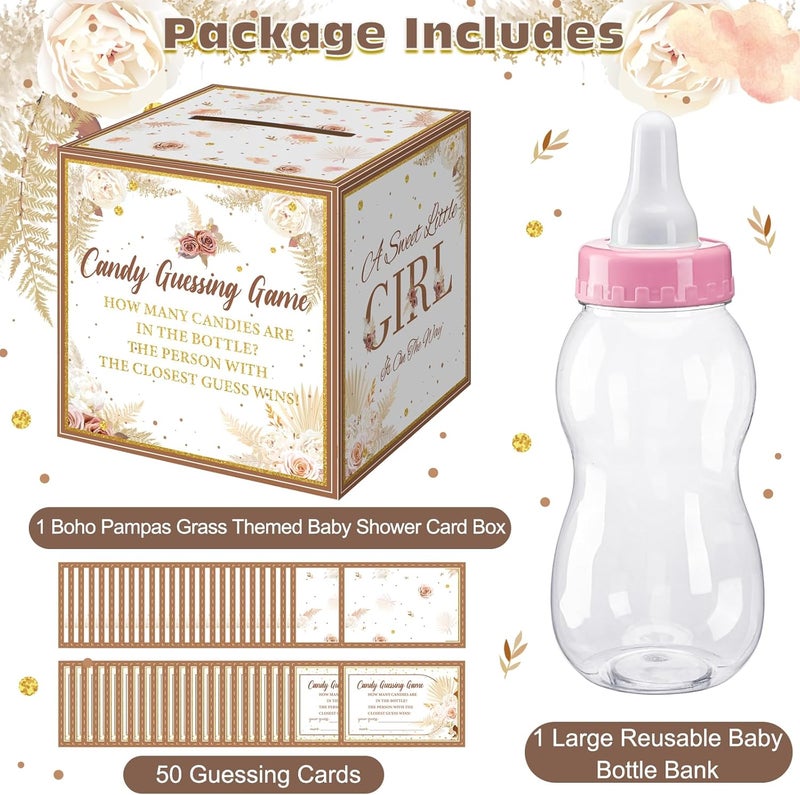Glenmal 52 Pcs Baby Shower Games Gift Sets Large Baby Bottle for Shower Game Guess How Many Candies Decorations for Gender Reveal(Boho Pampas Grass) - Image 5