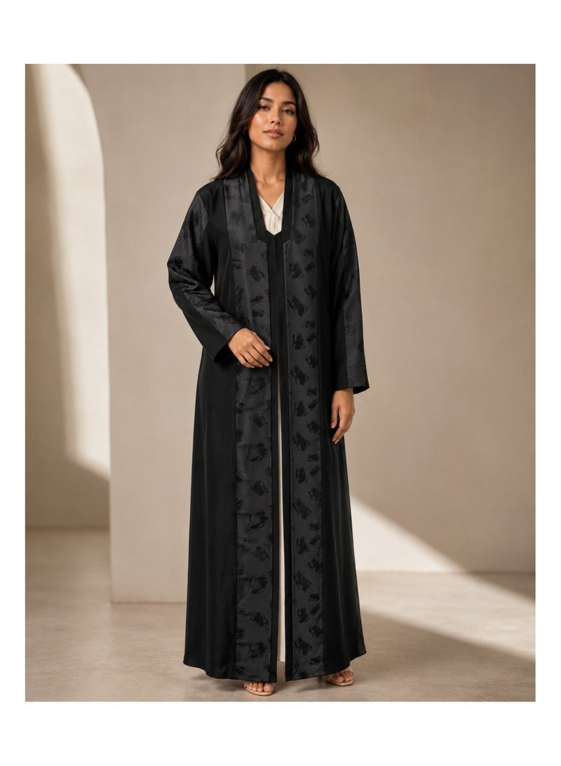 KAVALEE Women's Black Full-Length Abaya with Tonal Jacquard Panels - Image 1