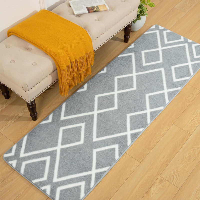 Rtizon Soft Runner Rug, 2x6Ft Moroccan Non-Slip Carpet for Bedroom, Geometric Small Area Rugs with Memory Foam for Living Room Office Bedside Dorm Hallway, Grey and White - Image 1