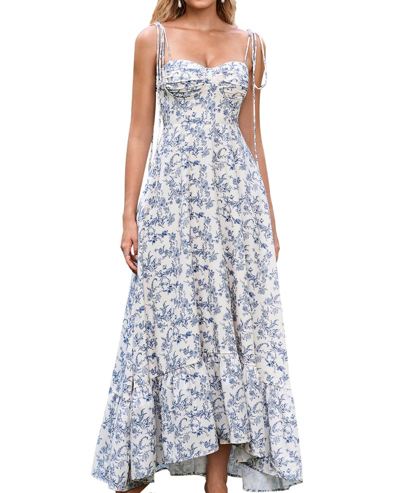 GLNEGE Women's Summer Floral Maxi Wedding Guest Dress Smocked Ruffle Tea Party Dresses Flowy A Line Sundress Bluefloral - Image 1