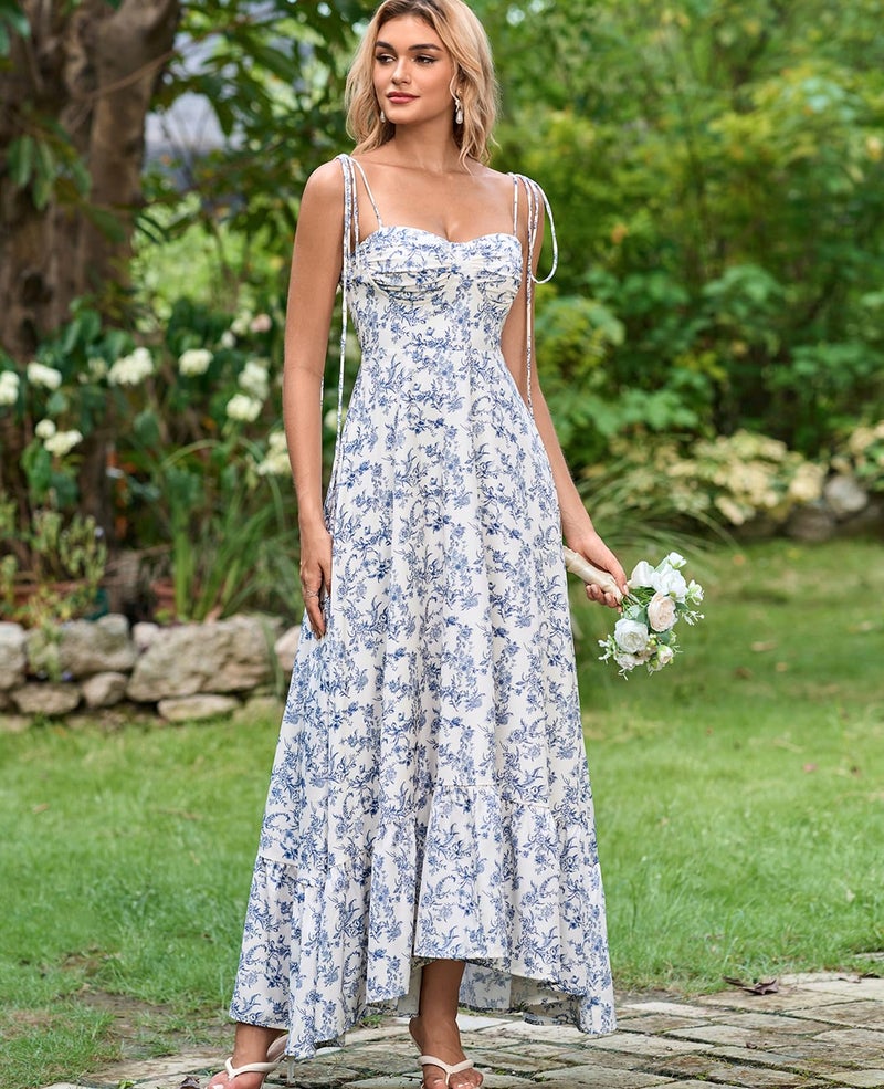 GLNEGE Women's Summer Floral Maxi Wedding Guest Dress Smocked Ruffle Tea Party Dresses Flowy A Line Sundress Bluefloral - Image 4