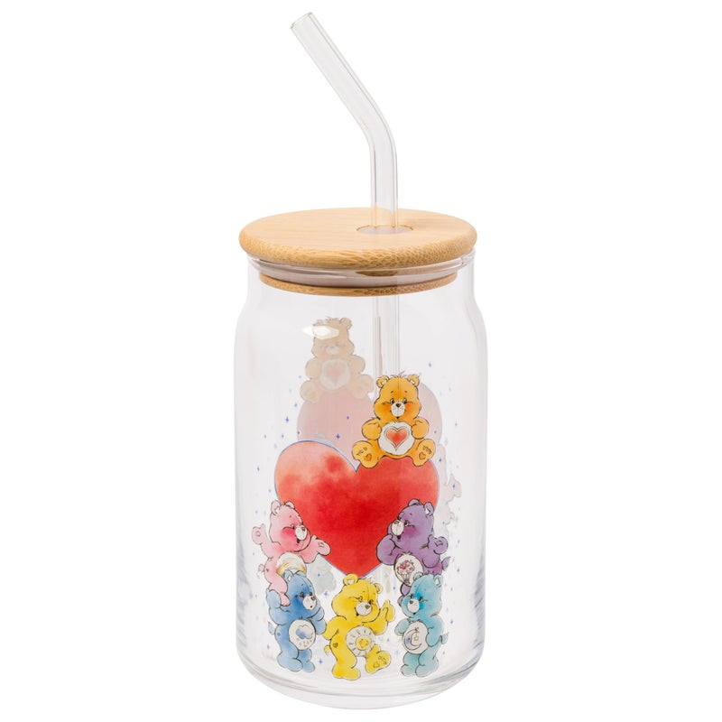 Silver Buffalo Care Bears Featuring Tenderheart Cheer Grumpy Share Bedtime and Funshine Bear Glass Jar Tumbler with Bamboo Lid and Glass Straw 16 Ounces
