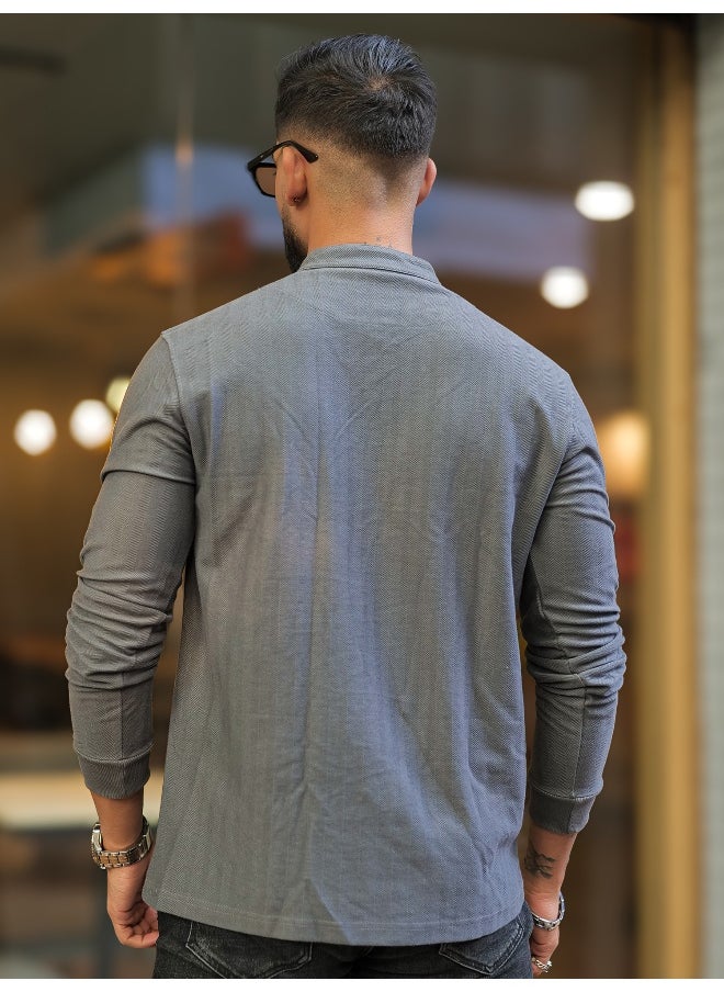 Maniac Mens Solid Textured Henly Neck Full Sleeve Dark Grey Slim Fit T-Shirt  - Image 3