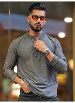 Maniac تي شيرت رجالي مزخرف بتصميم هينلي بأكمام كاملة رمادي داكن بقصة نحيفة  - Image 5