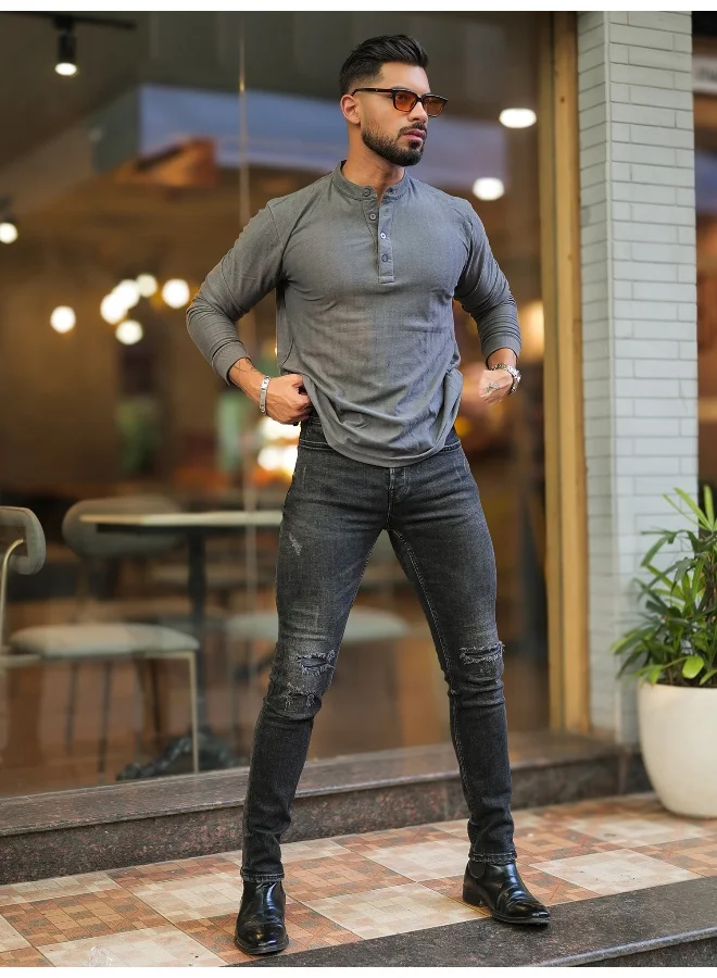 Maniac Mens Solid Textured Henly Neck Full Sleeve Dark Grey Slim Fit T-Shirt