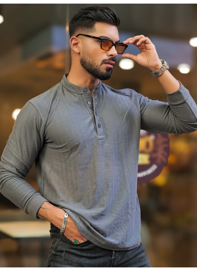 Maniac Mens Solid Textured Henly Neck Full Sleeve Dark Grey Slim Fit T-Shirt  - Image 4