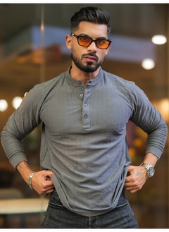 Maniac تي شيرت رجالي مزخرف بتصميم هينلي بأكمام كاملة رمادي داكن بقصة نحيفة  - Image 1
