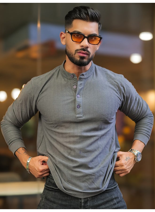 Maniac Mens Solid Textured Henly Neck Full Sleeve Dark Grey Slim Fit T-Shirt  - Image 1