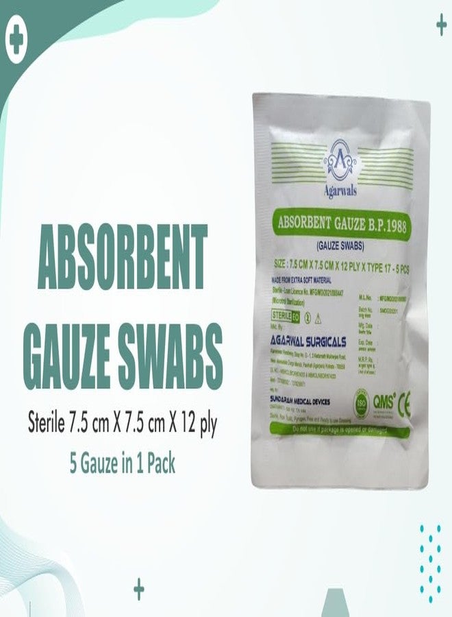 Agarwals Absorbent Gauze Swabs Sterile 7.5 cm X 7.5 cm X 12 ply (5Pcs/Pack) (Pack of 20 i.e. 100 Dressings) - Image 3