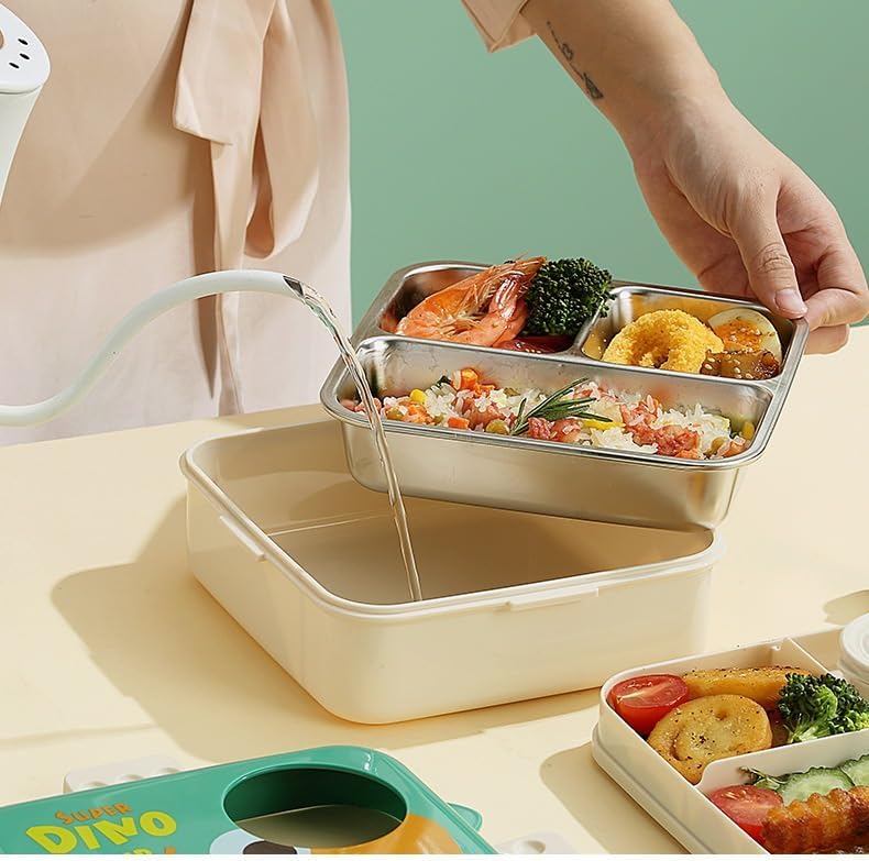 ISOTOPE Dinosaur Printed 3 Compartment 1120ml+70ml Stainless Steel Lunchbox School Bento Lunch Box 3 grids with Sauce Bowl for Kids(Dinosaur Lunch Box) - Image 4