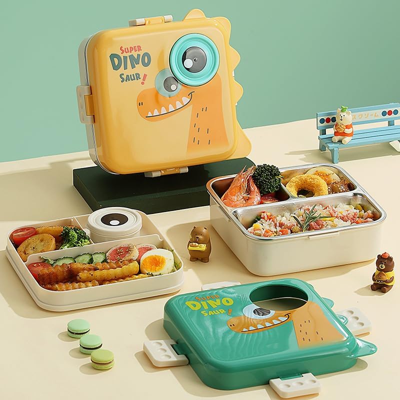 ISOTOPE Dinosaur Printed 3 Compartment 1120ml+70ml Stainless Steel Lunchbox School Bento Lunch Box 3 grids with Sauce Bowl for Kids(Dinosaur Lunch Box) - Image 1