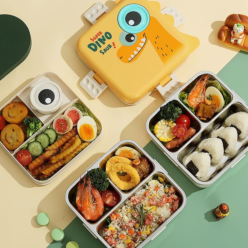 ISOTOPE Dinosaur Printed 3 Compartment 1120ml+70ml Stainless Steel Lunchbox School Bento Lunch Box 3 grids with Sauce Bowl for Kids(Dinosaur Lunch Box) - Image 2