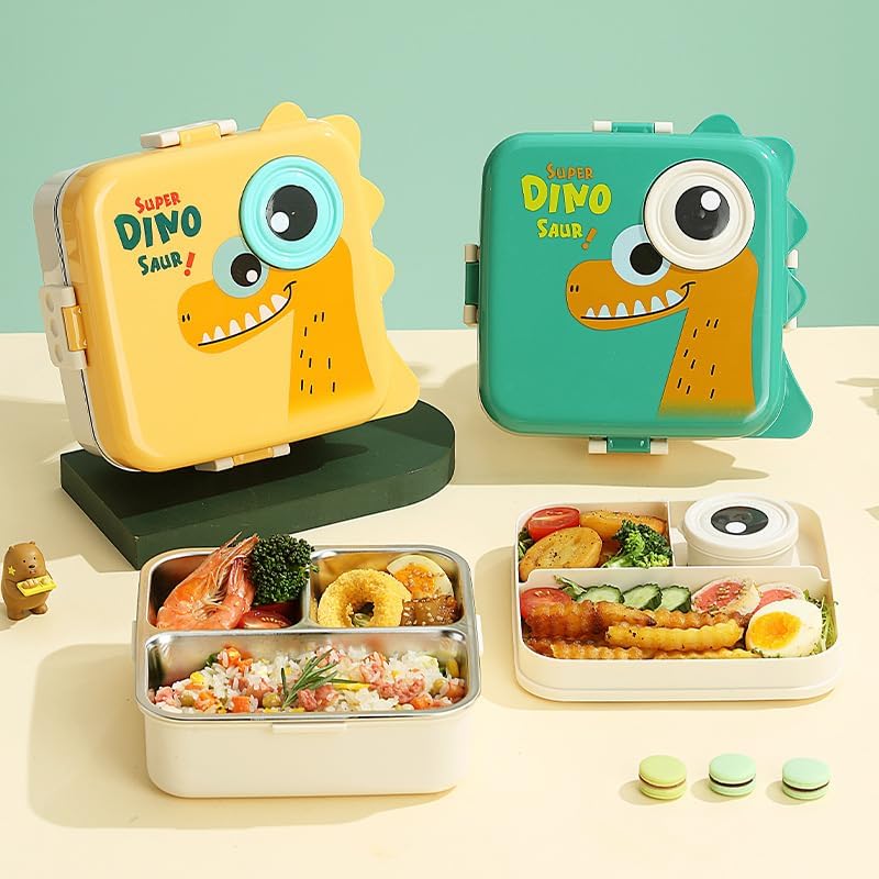 ISOTOPE Dinosaur Printed 3 Compartment 1120ml+70ml Stainless Steel Lunchbox School Bento Lunch Box 3 grids with Sauce Bowl for Kids(Dinosaur Lunch Box) - Image 5