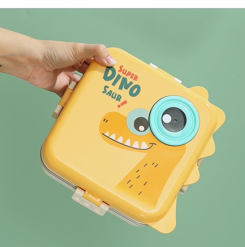 ISOTOPE Dinosaur Printed 3 Compartment 1120ml+70ml Stainless Steel Lunchbox School Bento Lunch Box 3 grids with Sauce Bowl for Kids(Dinosaur Lunch Box) - Image 3