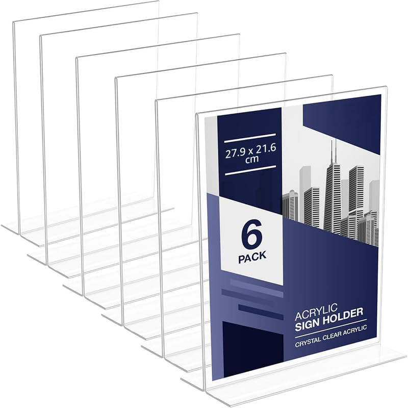BEST MEDIA 21-6x27-9 cm Acrylic T-Shape Sign Holder, a Double Sided Table Top Display Stand, a Bottom Load Portrait Menu Ad Frame- Standard - 6 Pack - Transparent