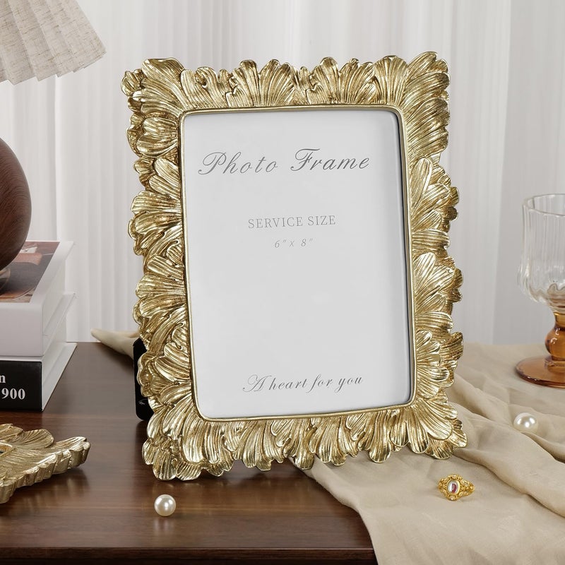 Cuspin 6x8 Gold Picture Frame, Vintage Gold Palm Leaves Textured Hand-Crafted Resin with Glass Front, Elegant Retro Design Photo Frame for Wall and Tabletop Display Home Decor - Image 3