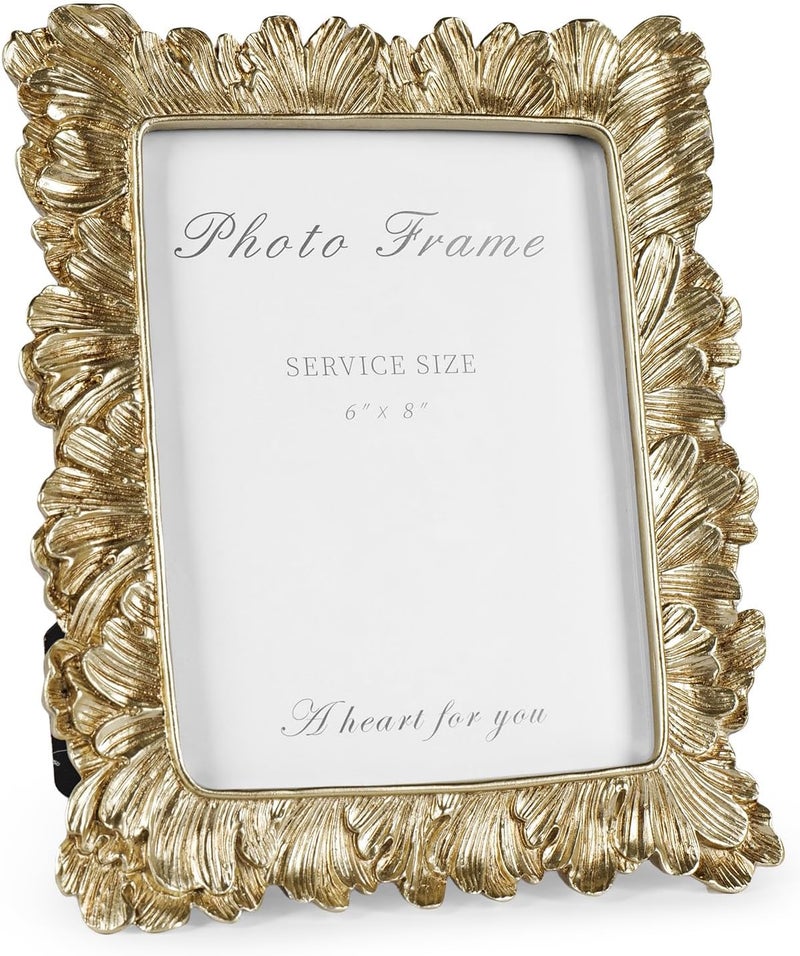 Cuspin 6x8 Gold Picture Frame, Vintage Gold Palm Leaves Textured Hand-Crafted Resin with Glass Front, Elegant Retro Design Photo Frame for Wall and Tabletop Display Home Decor - Image 1