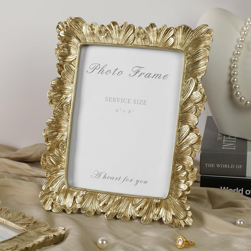 Cuspin 6x8 Gold Picture Frame, Vintage Gold Palm Leaves Textured Hand-Crafted Resin with Glass Front, Elegant Retro Design Photo Frame for Wall and Tabletop Display Home Decor - Image 2