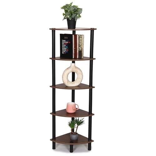 FLIPZON 5 Tier Freestanding Wooden Corner Display Rack Multipurpose Shelving Unit with Turn - N - Tube Design (Walnut Brown) - Image 1