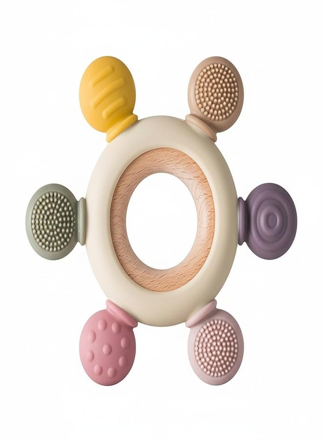 BUSZBO Silicone & Wooden Baby Teether for 3+ Months | BPA Free Soft Teething Toy | Safe Teether for Infants | Round Shape | Color - Beige - Image 1