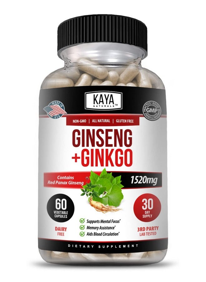 Kaya Naturals - Red Panax Ginseng + Ginkgo Biloba ; Nootropic Brain Supplement ; Cognitive And Concentration Support ; Brain Booster Focus And Memory Supplement ; 60 Capsules - Image 1