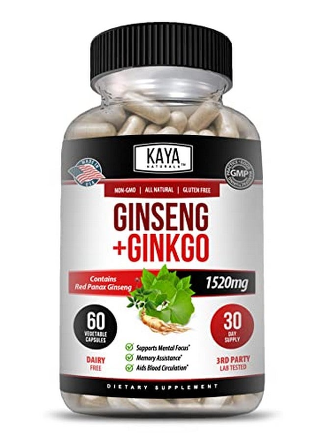 Kaya Naturals - Red Panax Ginseng + Ginkgo Biloba ; Nootropic Brain Supplement ; Cognitive And Concentration Support ; Brain Booster Focus And Memory Supplement ; 60 Capsules - Image 1