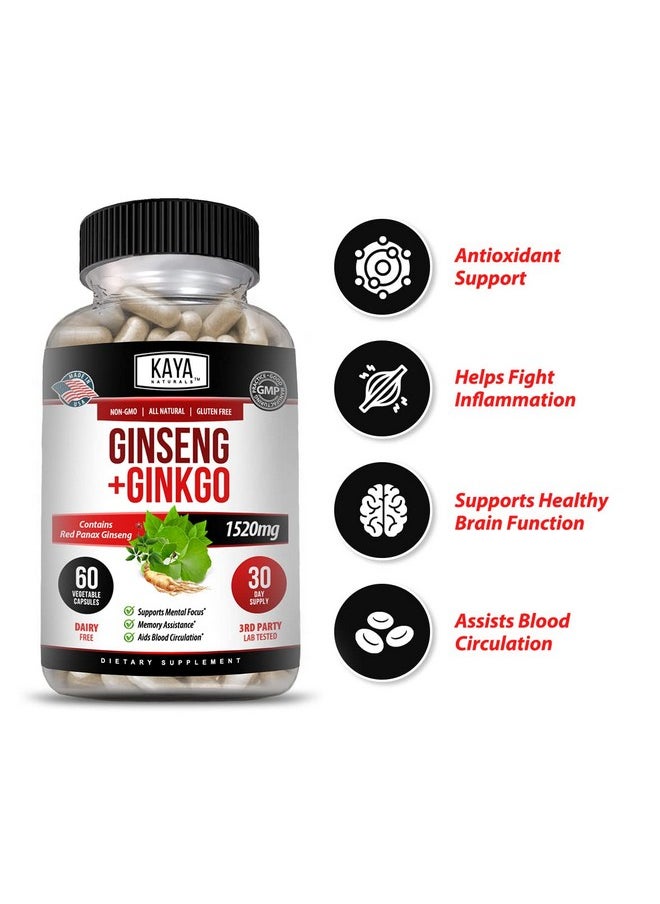 Kaya Naturals - Red Panax Ginseng + Ginkgo Biloba ; Nootropic Brain Supplement ; Cognitive And Concentration Support ; Brain Booster Focus And Memory Supplement ; 60 Capsules - Image 1
